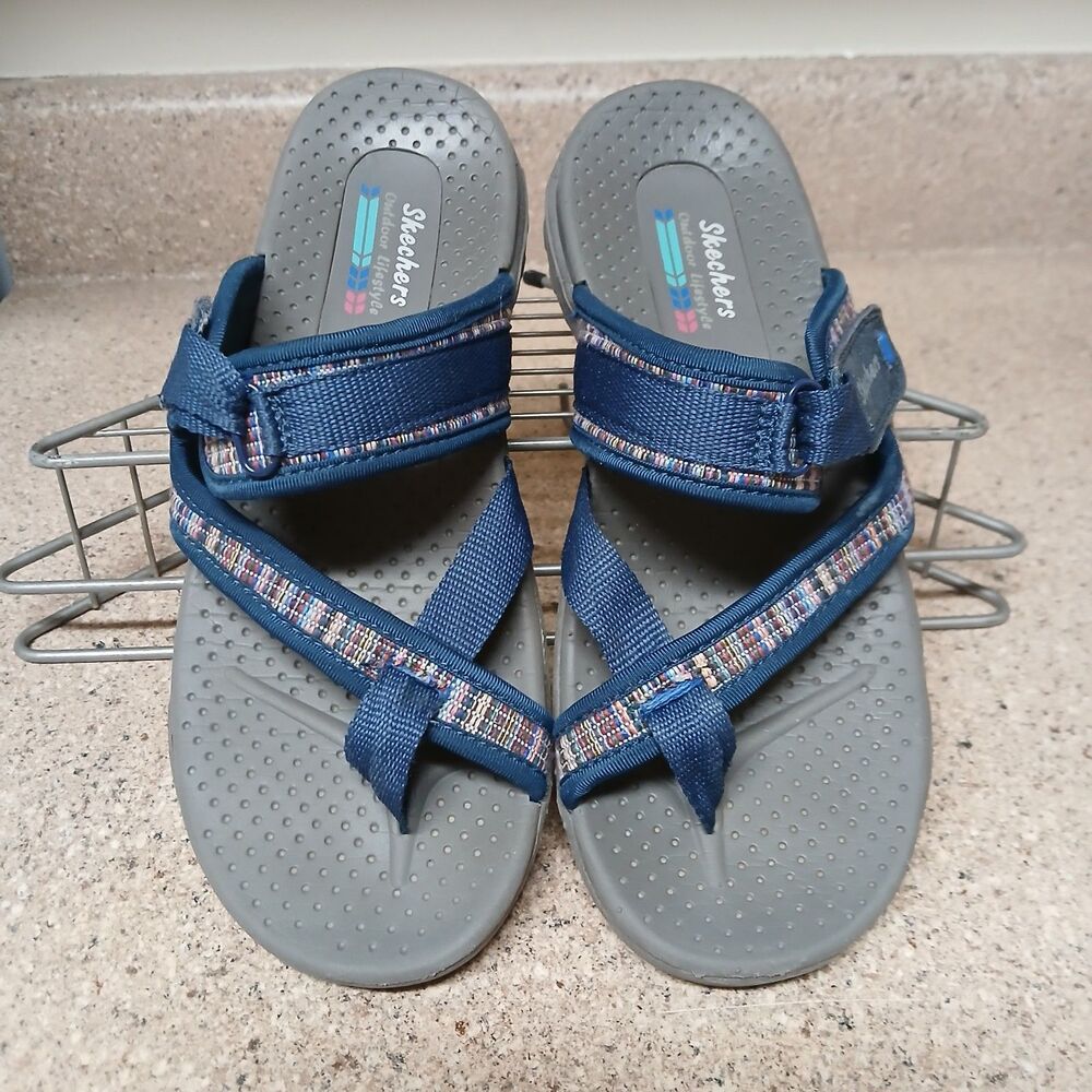 Skechers Reggae Women's Sz 7 Slip On Sandals Navy Adjustable Strap Thong